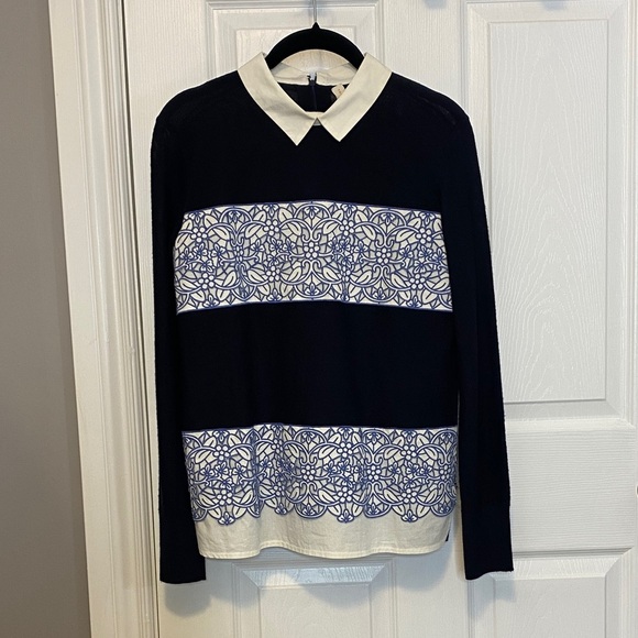 Tory Burch Navy Merino Peter Pan Collar Embroidered Sweater Office Petite S - Picture 6 of 16